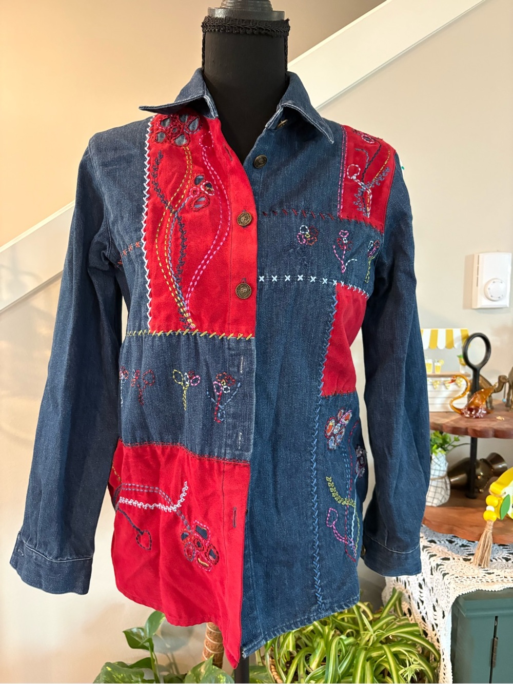 Vintage Embroidered Patchwork Denim Shirt - Red & Indigo